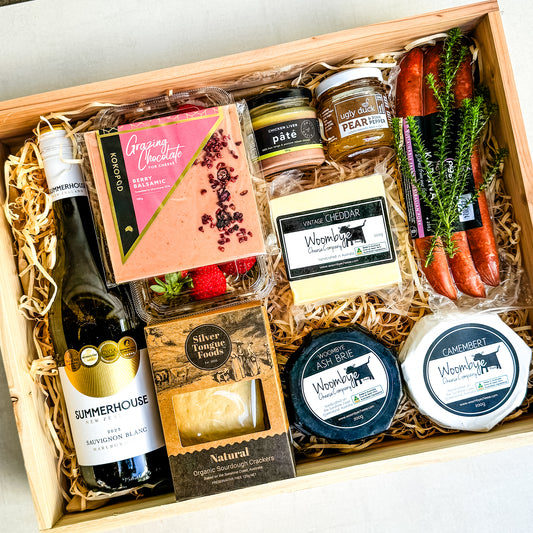 Taste of the Sunshine Coast Cheese Platter with Wine - wooden hamper